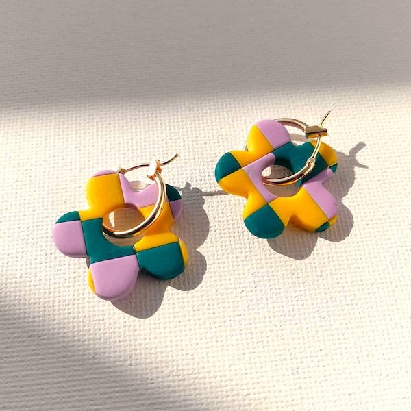 Colourful, Summer Daisy Flower Charm Earrings. Funky, Retro Check Pattern. Gold Huggie Hoops, Everyday Wear. Unique Best Friend, Sister Gift