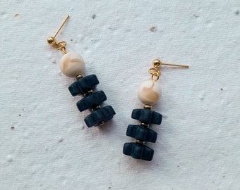 Navy Blue Flower Stack Statement Earrings with Pearl Bead. Elegant, Classy, Chic Dark Blue Earrings. Gift For Mum, Sister, Friend