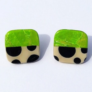 Lime Green & Polka Dot Splodge Oversized Square Studs. Large Funky, Quirky, Cool, Colourful Earrings. Handmade Gift for Her, Gift Under 30
