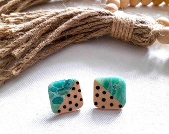 Turquoise Stained Glass and Polka Dot Large Square Studs. Funky, Quirky, Cool, Colourblock Aqua Earrings. Hypoallergenic. Fun Gifts For Her