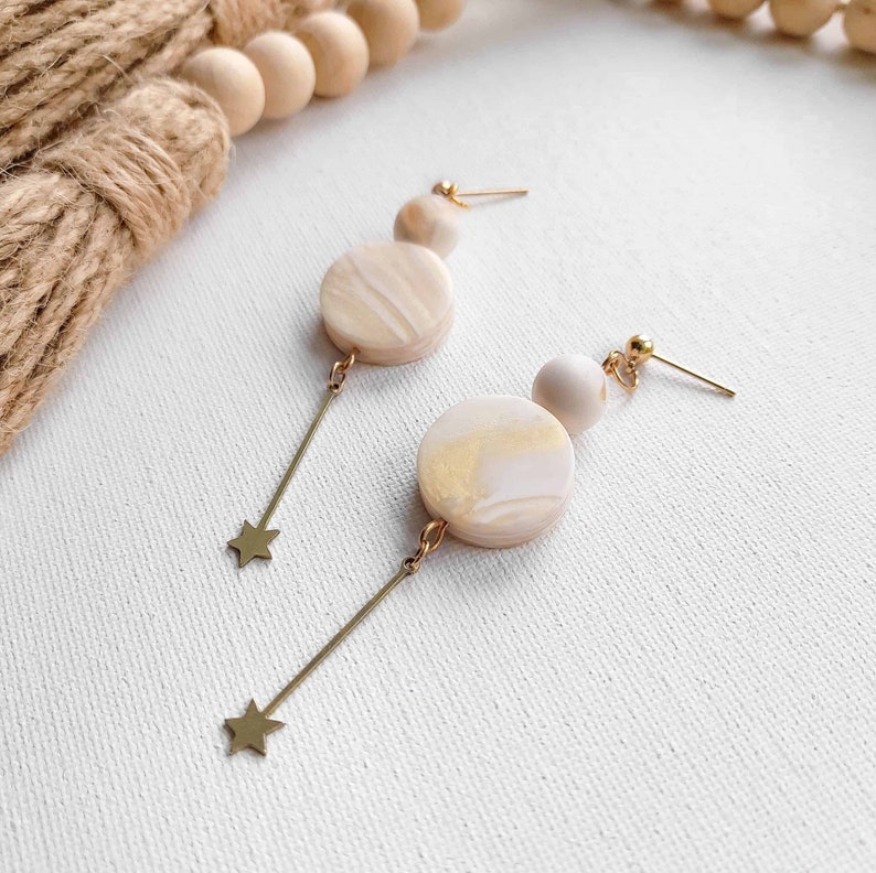 Pearl Circle Drop Earrings with Brass Star Charm. Elegant, Chic, Classy, Modern Polymer Clay Earrings. Wedding Jewellery, Bridesmaid Gift image 1