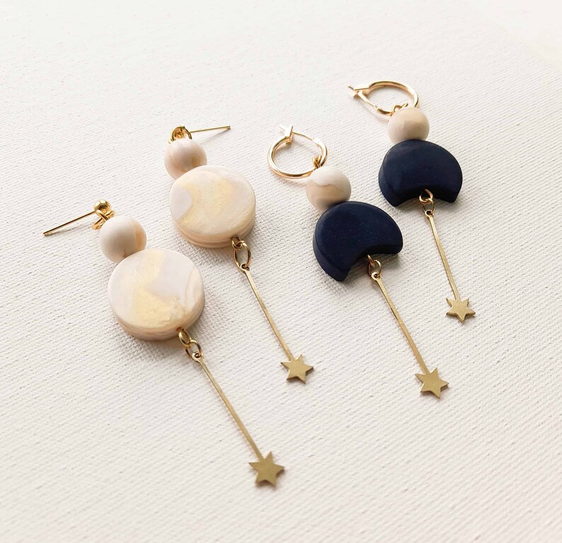 Pearl Circle Drop Earrings with Brass Star Charm. Elegant, Chic, Classy, Modern Polymer Clay Earrings. Wedding Jewellery, Bridesmaid Gift image 3