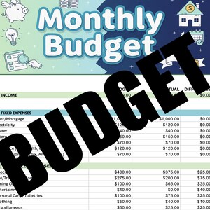 Puede incluir: Una colorida hoja de cálculo de "Presupuesto Mensual" con un diseño turquesa y blanco. La parte superior presenta ilustraciones de una alcancía, una bombilla y una casa. La hoja de cálculo incluye secciones de ingresos y gastos fijos.