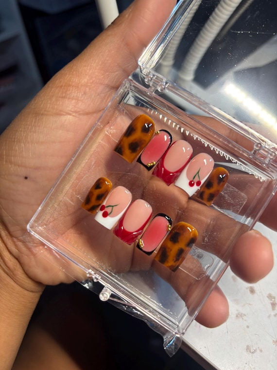 Tortiose Shell Nails| Cherry Nails| Square Press On Nails| Aura Press On Nails| Fake Nails | Press On Nails | Short Press Ons| Cute Nails