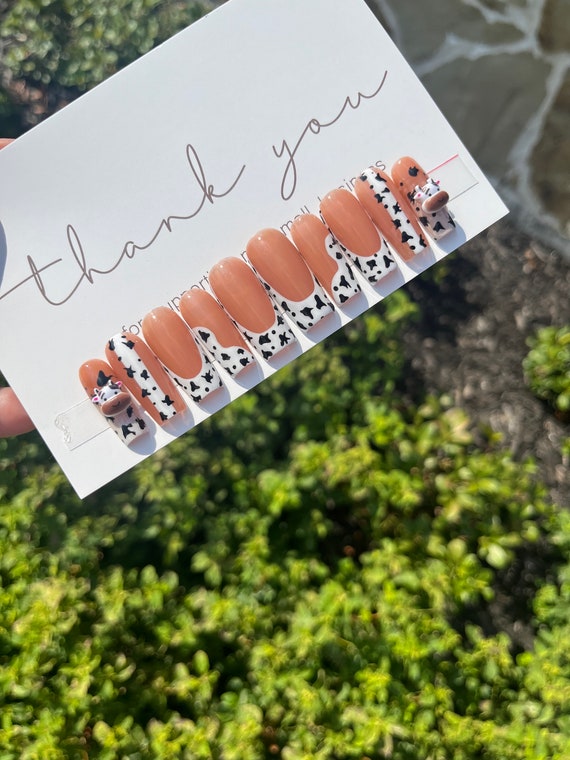 Cow Print Press On Nails| White Press On Nails| Coffin Press On Nails| Square Press On Nails| Fake Nails | Press On Nails | Glue On Nails
