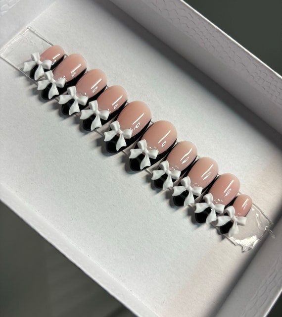 White Bow Nails| Black French Nails| Square Press On Nails| Long Press On Nails | Press On Nails | Short Press Ons