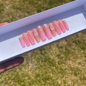 Pink Glitter Press On Nails| Coffin Press On Nails| Square Press On Nails| Long Press On Nails| Fake Nails | Press On Nails | Glue On Nails