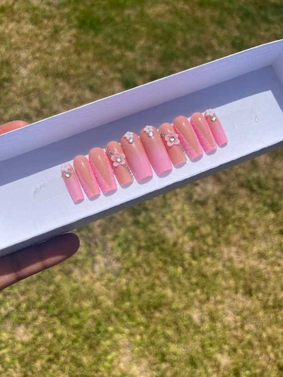Pink Glitter Press On Nails| Coffin Press On Nails| Square Press On Nails| Long Press On Nails| Fake Nails | Press On Nails | Glue On Nails