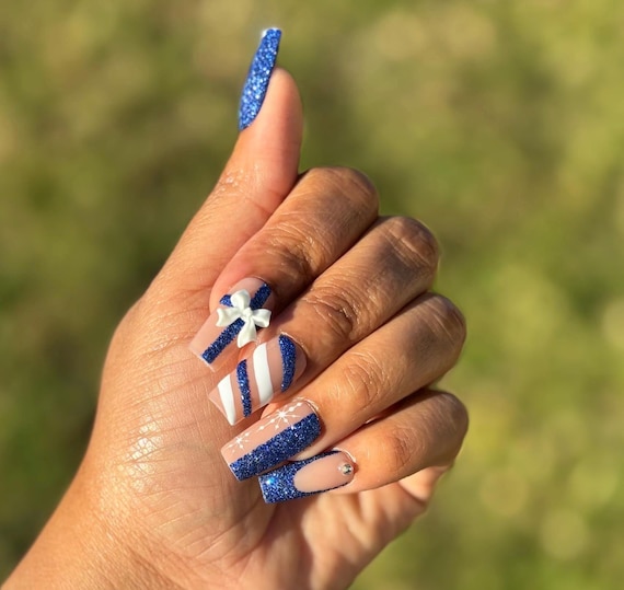 Blue Christmas Press On Nails| Square Press On Nails| Long Press On Nails| Fake Nails | Press On Nails | Glue On Nails