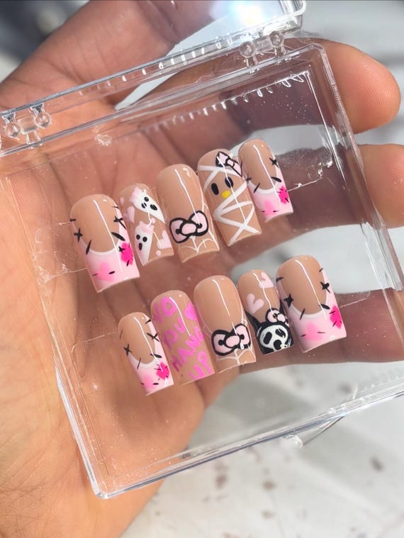 Pink Halloween Press On Nails| Square Press On Nails| Long Press On Nails| Fake Nails | Press On Nails | Glue On Nails