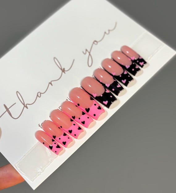 Black Valentine Nails| Pink Valentine Nails| Valentines Nails| Heart Nails|