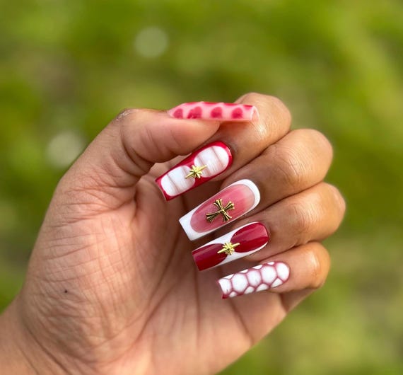 Red Square Press On Nails: Long Gel Fake Nails
