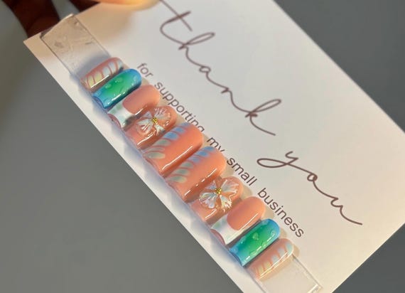 Blue Nails| Flower Press On Nails| Square Press On Nails| Fake Nails | Press On Nails | Glue On Nails