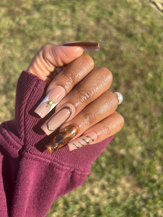 Tortiose Shell Nails| Brown Nails| Square Press On Nails| Long Press On Nails| Fake Nails | Press On Nails | Short Press Ons| Cute Nails