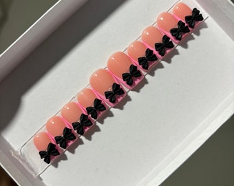 Pink Bow Nails| French Tip Nails| Valentines  Nails| Square Press On Nails| Long Press On Nails | Press On Nails | Short Press Ons