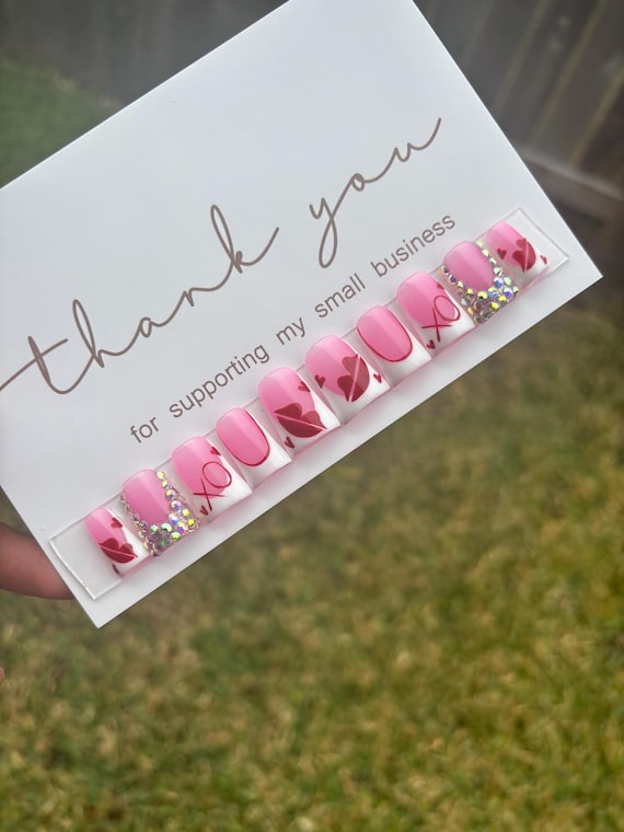 Love Bling Nails| Bling Nails| Square Press On Nails| Valentine Nails| Fake Nails | Press On Nails | Short Press Ons
