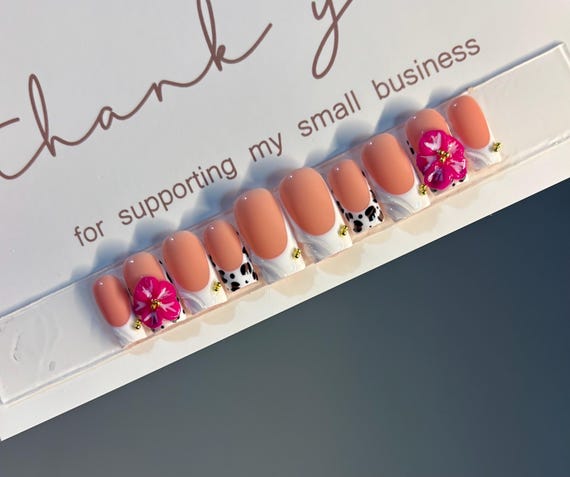 White French Flower Press On Nails: Square Cheetah Accent