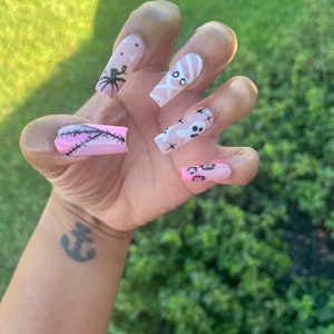 Pink Halloween Press On Nails| Square Press On Nails| Long Press On Nails| Fake Nails | Press On Nails | Glue On Nails