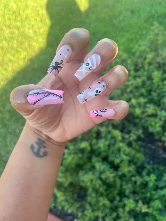 Pink Halloween Press On Nails| Square Press On Nails| Long Press On Nails| Fake Nails | Press On Nails | Glue On Nails