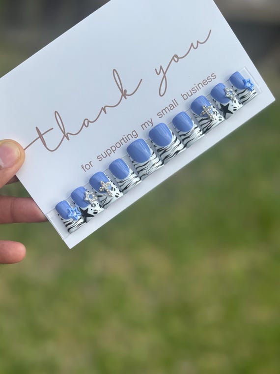 Blue Zebra Print Press Ons | Blue Nails| French Tip Press Ons| Square Press On Nails| Long Press On Nails| White Press On Nails