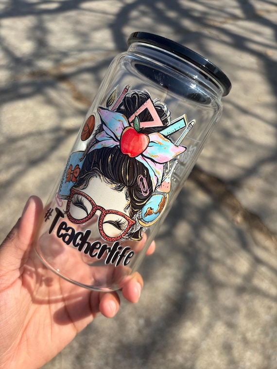 Glass Tumbler, Teacher Cup, Iced Coffee Glass Cup, Cute Tumbler, Gift for Her, Cute Cup, Cute Gift