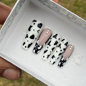 Cow Print Press On Nails| White Press On Nails| Coffin Press On Nails| Square Press On Nails| Fake Nails | Press On Nails | Glue On Nails