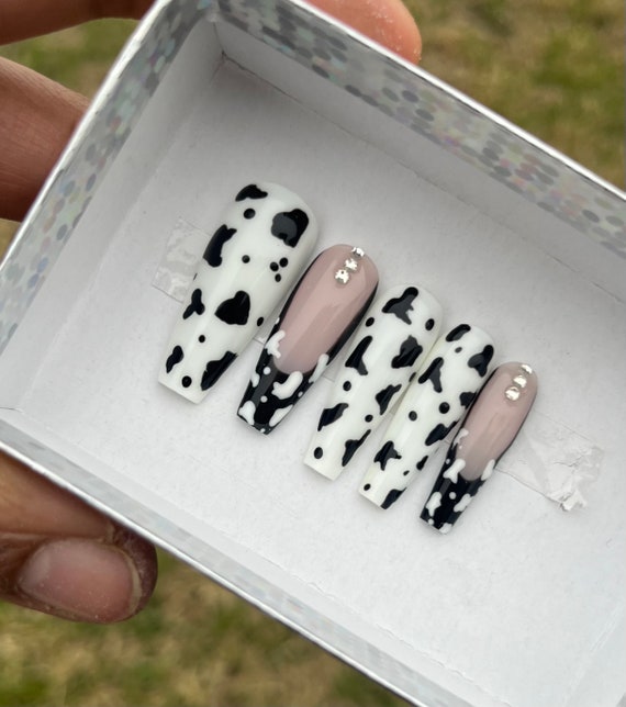 Cow Print Press On Nails| White Press On Nails| Coffin Press On Nails| Square Press On Nails| Fake Nails | Press On Nails | Glue On Nails