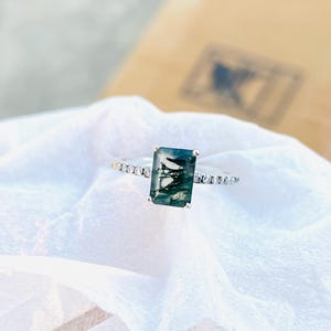 Unique Emerald cut Moss Agate engagement ring vintage White gold engagement ring Bridal half eternity ring Wedding Anniversary promise ring