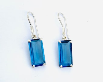Square Blue Topaz drop Earrings in Sterling Silver, Unique Gift for Women