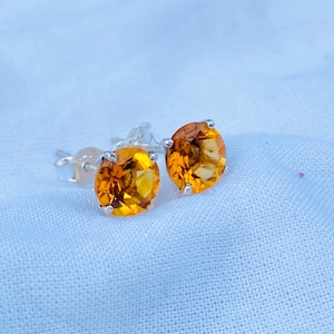 Minimalist Citrine Stud Earrings in Sterling Silver, November Birthstone Jewelry, Handmade Yellow Gemstone Earrings, Gift for Her