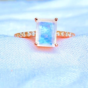 Unique Emerald cut Moonstone engagement ring vintage Rose gold engagement ring Bridal half eternity ring Wedding Anniversary promise ring