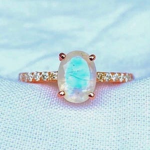 Oval cut Moonstone engagement ring Unique Rose gold engagement ring woman 925 Sterling Silver ring Bridal Promise Anniversary ring