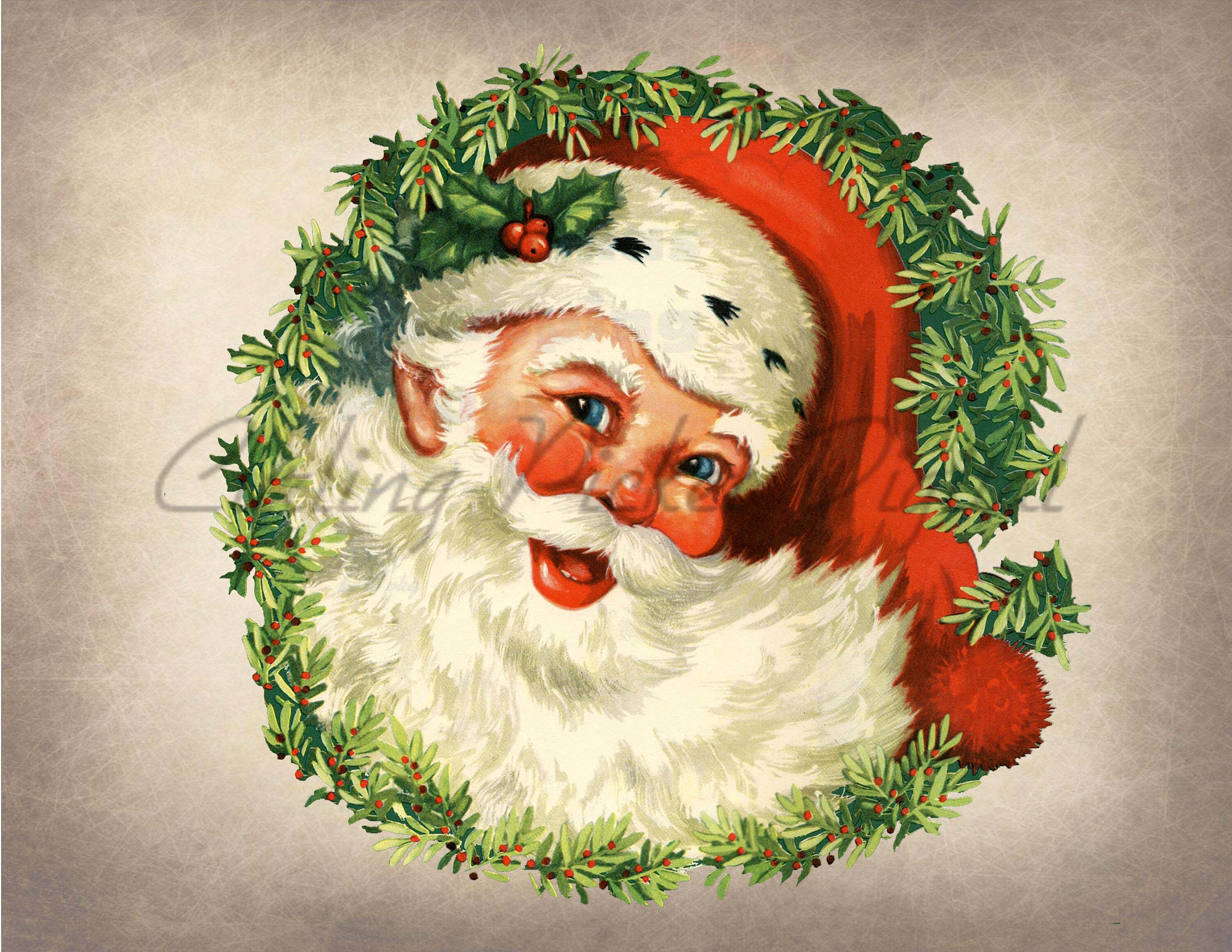 Retro Santa Face Holly Wreath 07 Christmas Transparent PNG | Etsy