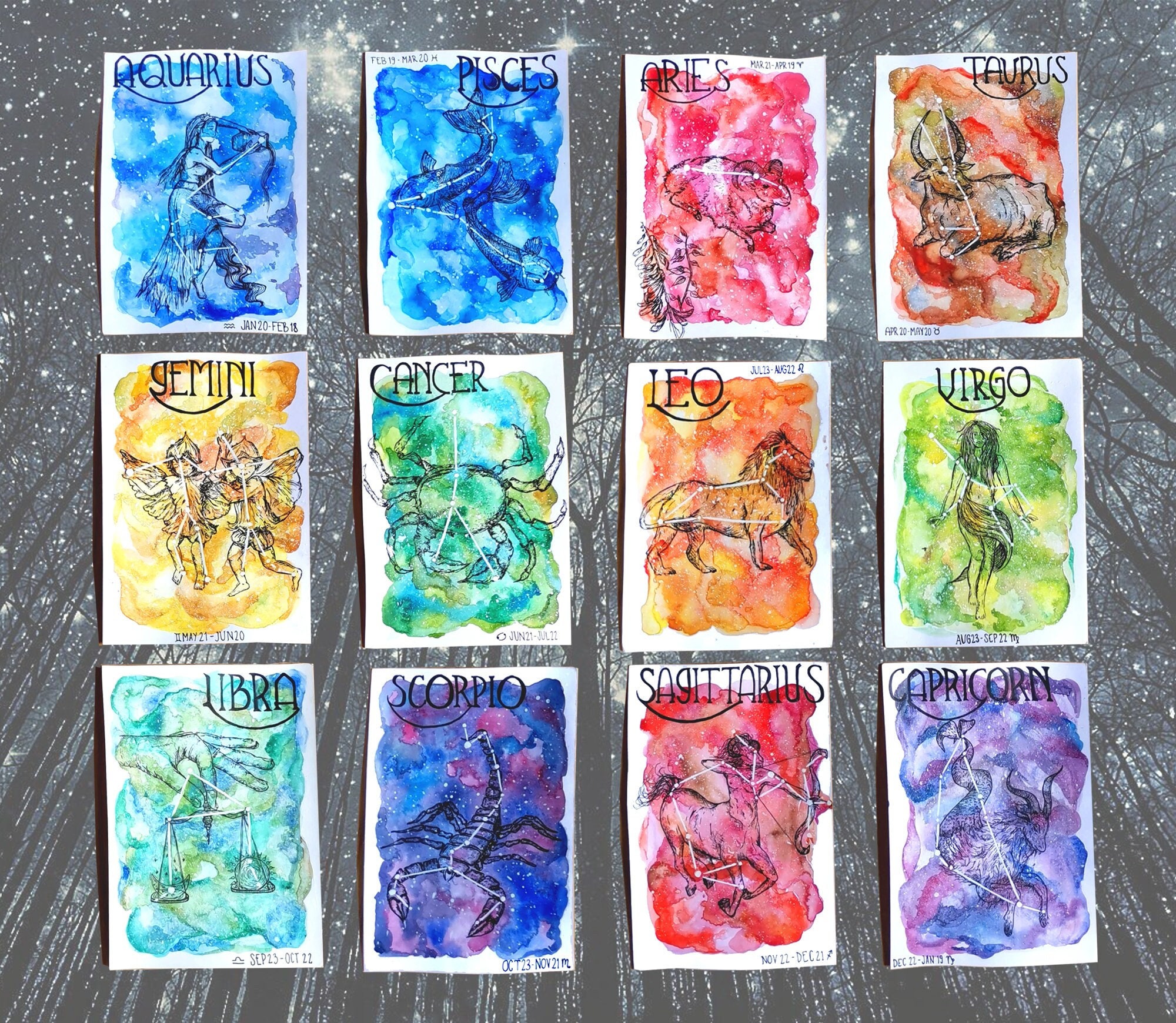 Aquarelle Zodiac Tarot Card Prints
