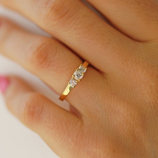 14k Solid Yellow Gold Minimalist Engagement Ring, 3 Stone Ring, Dainty Promise Ring, Three Stone Diamond Ring, Man Made Simulated Diamonds