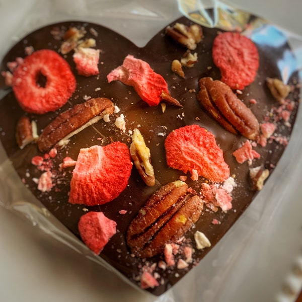 Large dark Belgian chocolate heart with freeze dried strawberries and toasted pecans