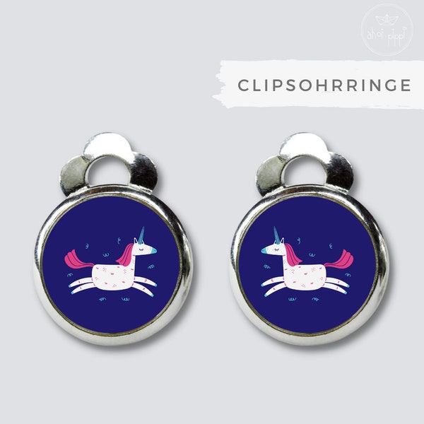 Clip earrings for girls with great unicorns in front of a dark blue background - the perfect gift for all unicorn lovers