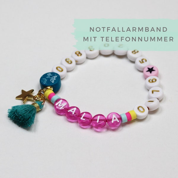 Schönes SOS Armband, Notfallarmband mit Telefonnummer und Namen für Kinder