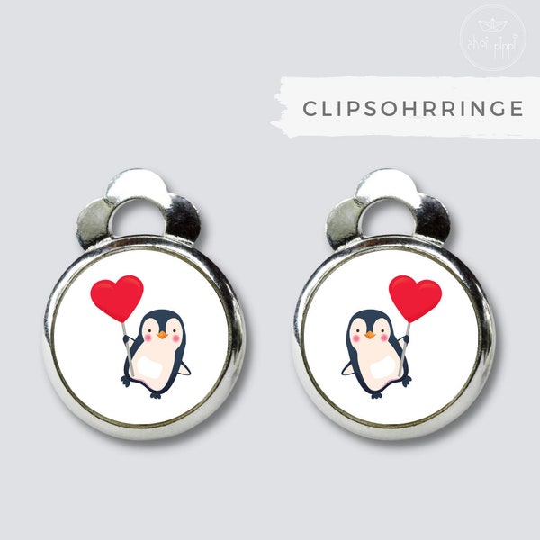 Clip earrings/ear clips with penguin and red heart balloon // great gift for girls // earring without ear hole // school enrollment for girls