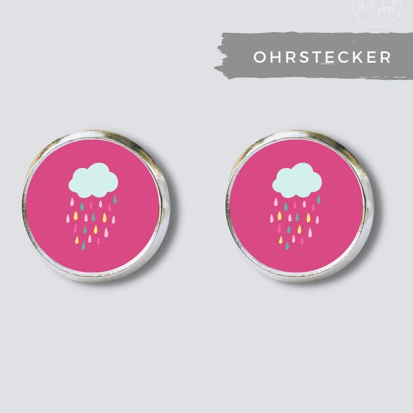 Silver stud earrings with colorful rain cloud and pink background for girls