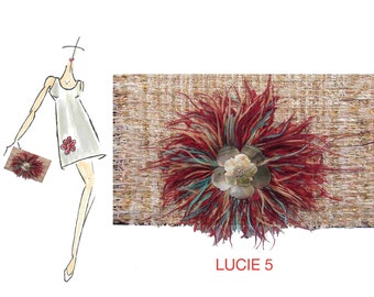 LUCIE 5 Jewel pouch bag, UNIQUE PIECE, beige mixed tweed, a 60's mother of pearl brooch, red bordeaux, green, beige ostrich feathers