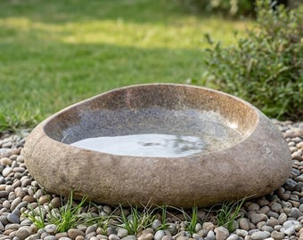 Large Hand-Carved Natural River Stone Bird Bath