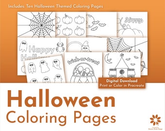 Printable Halloween Coloring Pages | Digital Download | Spiders, Haunted House, Ghosts, Pumpkins, Spiders | Classroom Party Ideas