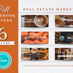 Könnte beinhalten: Sechs Facebook-Cover zum Thema Herbst für Immobilienmarketing. Die Cover zeigen Bilder von Kürbissen, Kürbissen, Herbstblättern und einem Thanksgiving-Tisch. Jedes Cover enthält den Text "Fall Facebook Covers", "6 Covers", "Pumpkin Spice", "Gourd-geous", "Hello Autumn", "Happy Halloween", "It's Turnkey Time!" und "Happy Thanksgiving".