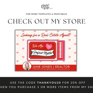 May include: A Valentine's Day themed real estate agent business card with a red and white matchbox illustration. The matchbox says "We Are The Perfect Match" with a heart and arrow. The card also includes the agent's name, phone number, and website.