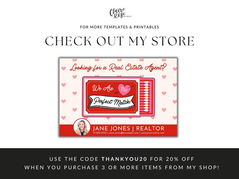 May include: A Valentine's Day themed real estate agent business card with a red and white matchbox illustration. The matchbox says "We Are The Perfect Match" with a heart and arrow. The card also includes the agent's name, phone number, and website.