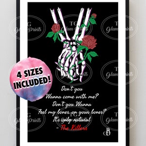 The Killers Lyric “Bones” Art Print | Skeleton Hands & Roses Digital Download | “Feel My Bones” Quote | Indie Rock Poster
