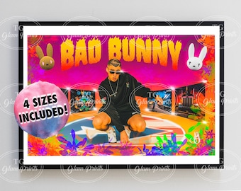 Póster de Bad Bunny / Arte mural de trap latino y reggaetón / Impresión de collage de álbum vibrante / Descarga digital