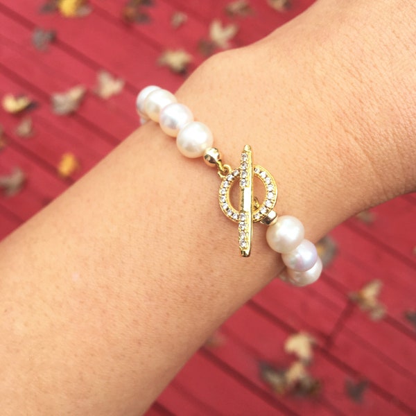 White Freshwater Pearl Bracelet, Zircon Toggle Clasp, Gift For Her