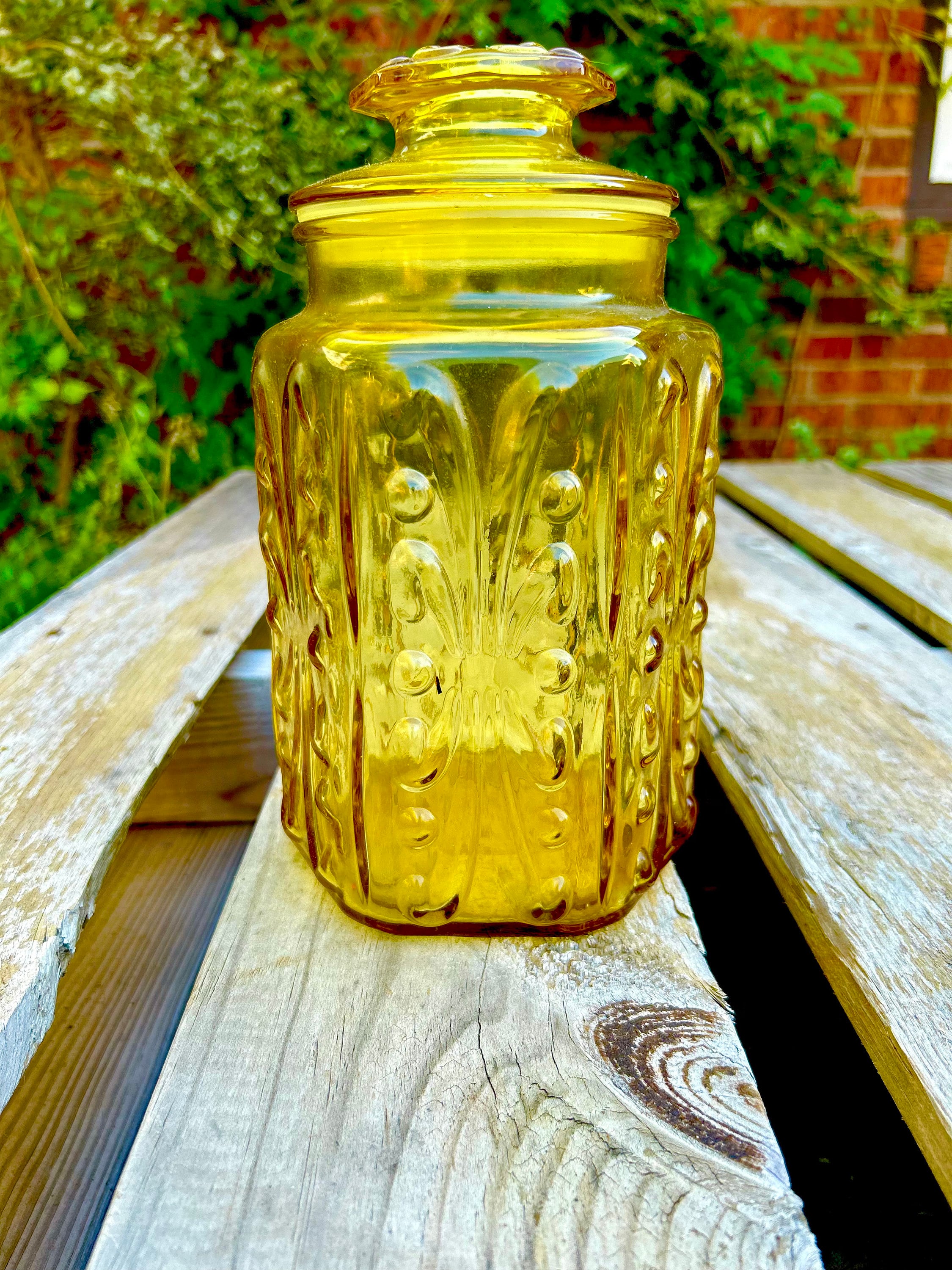 Set of Two Amber Apothecary Jar, Amber Glass Wide Mouth Storage